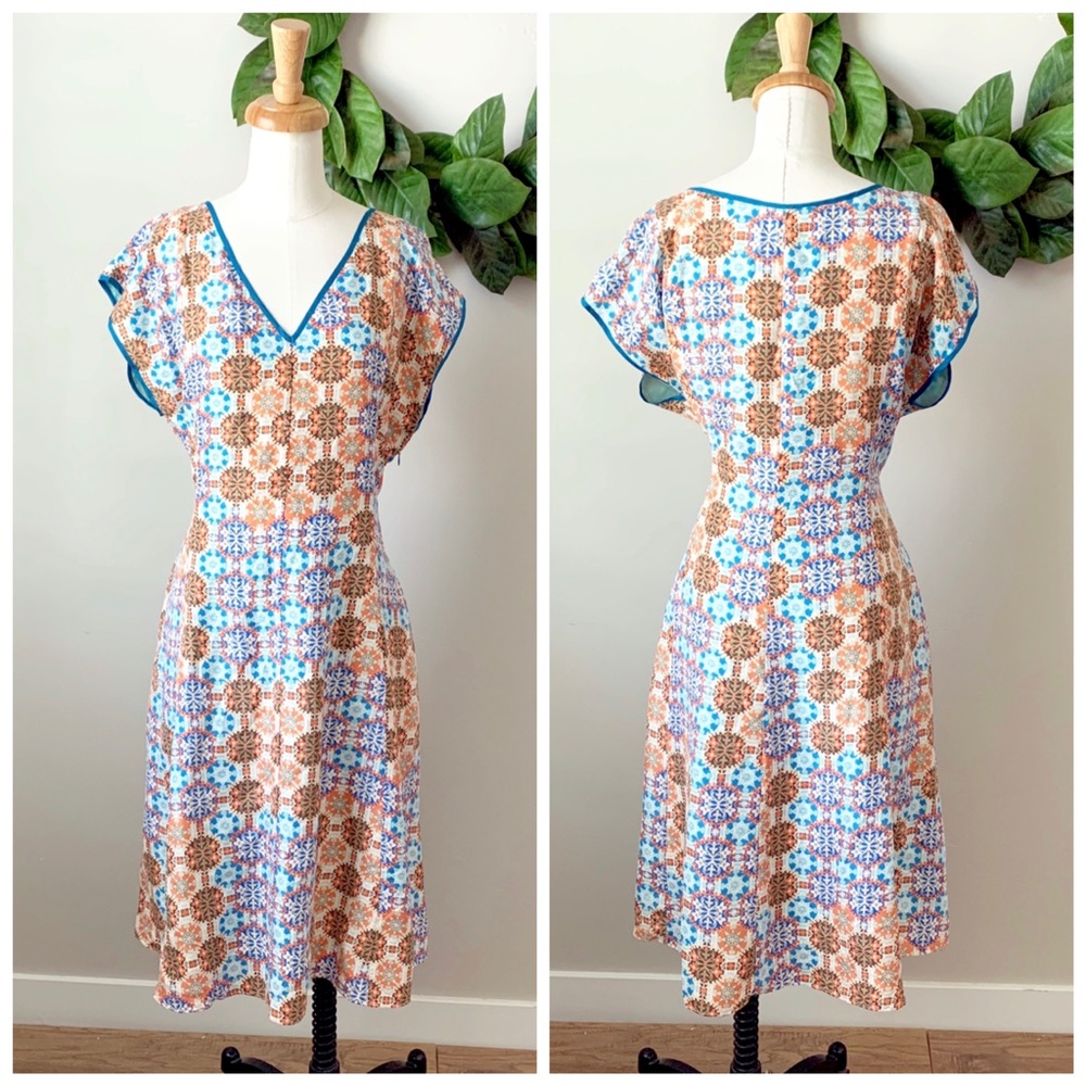 ( Sundance ) Geometric Floral Silk Midi Dress